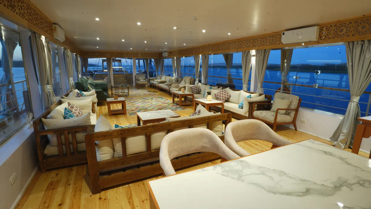 Dahabiya dining area aboard Soul of the Nile luxury Nile cruise — 2027 Solar Eclipse trip