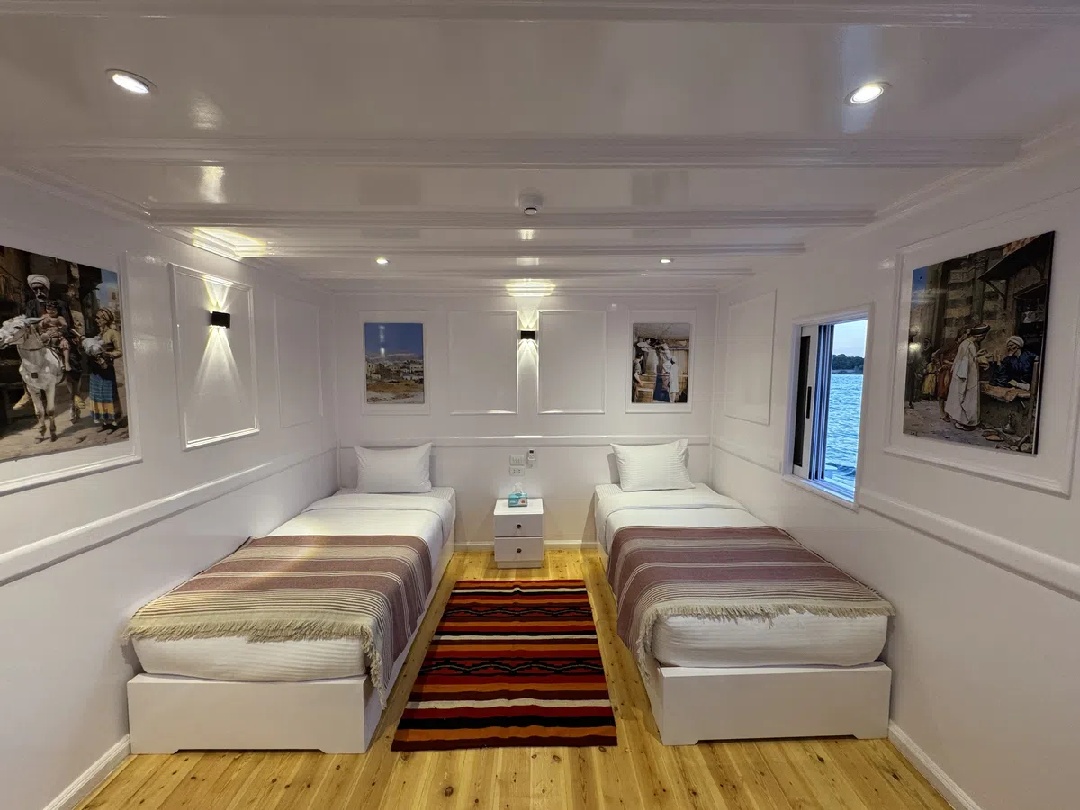 Dahabiya cabin interior aboard Soul of the Nile luxury Nile cruise — 2027 Solar Eclipse trip