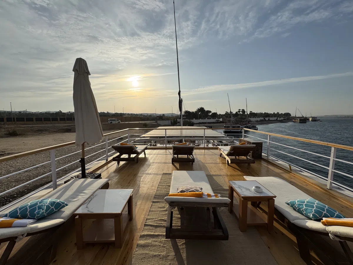 Dahabiya sun deck aboard Soul of the Nile luxury Nile cruise — 2027 Solar Eclipse trip