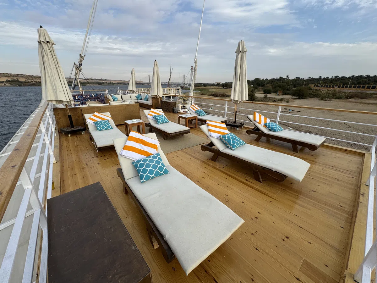 Dahabiya sun deck aboard Soul of the Nile luxury Nile cruise — 2027 Solar Eclipse trip