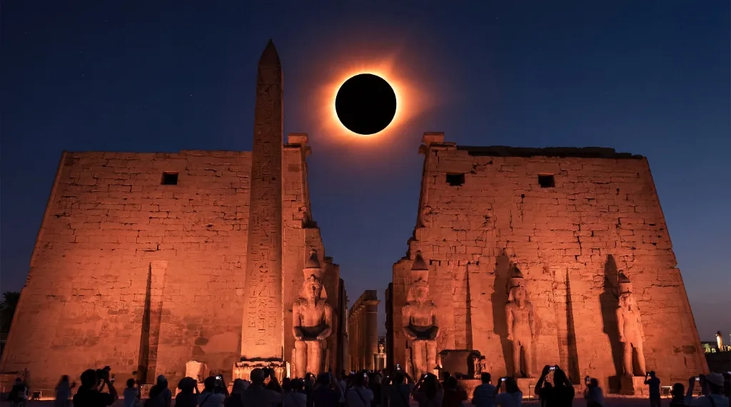 Total solar eclipse with glowing corona over Luxor Temple pylons and obelisk in Egypt with crowds watching the 2027 solar eclipse