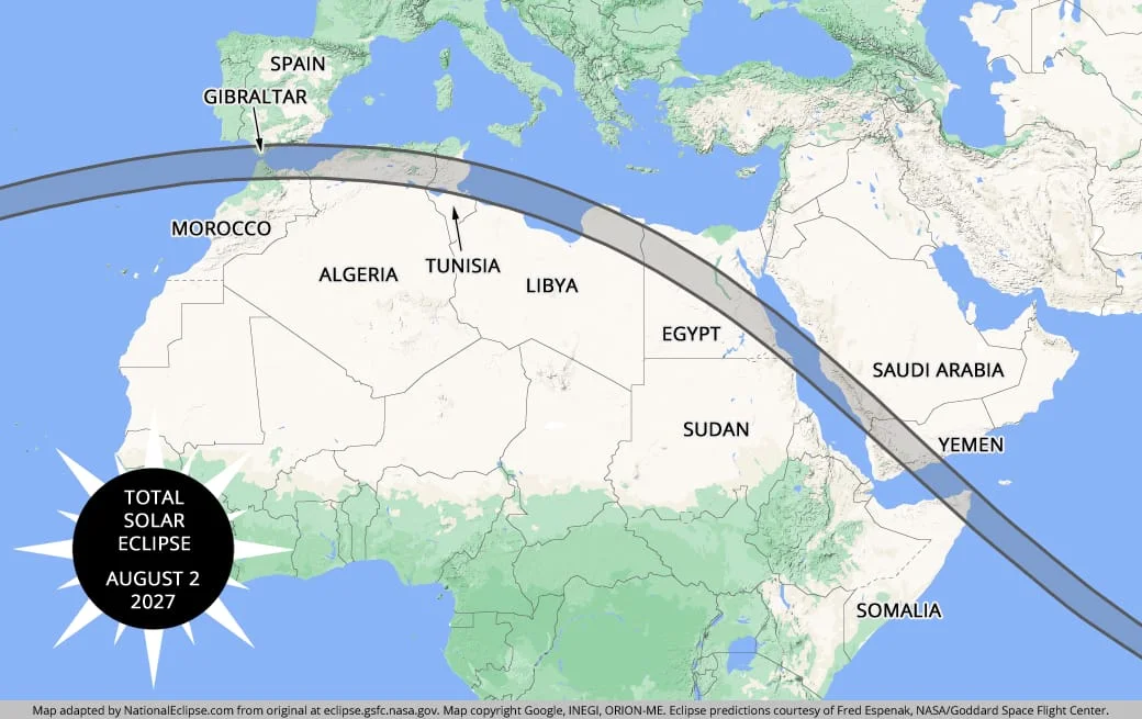 NationalEclipse.com map showing the August 2 2027 total solar eclipse track across North Africa and Egypt
