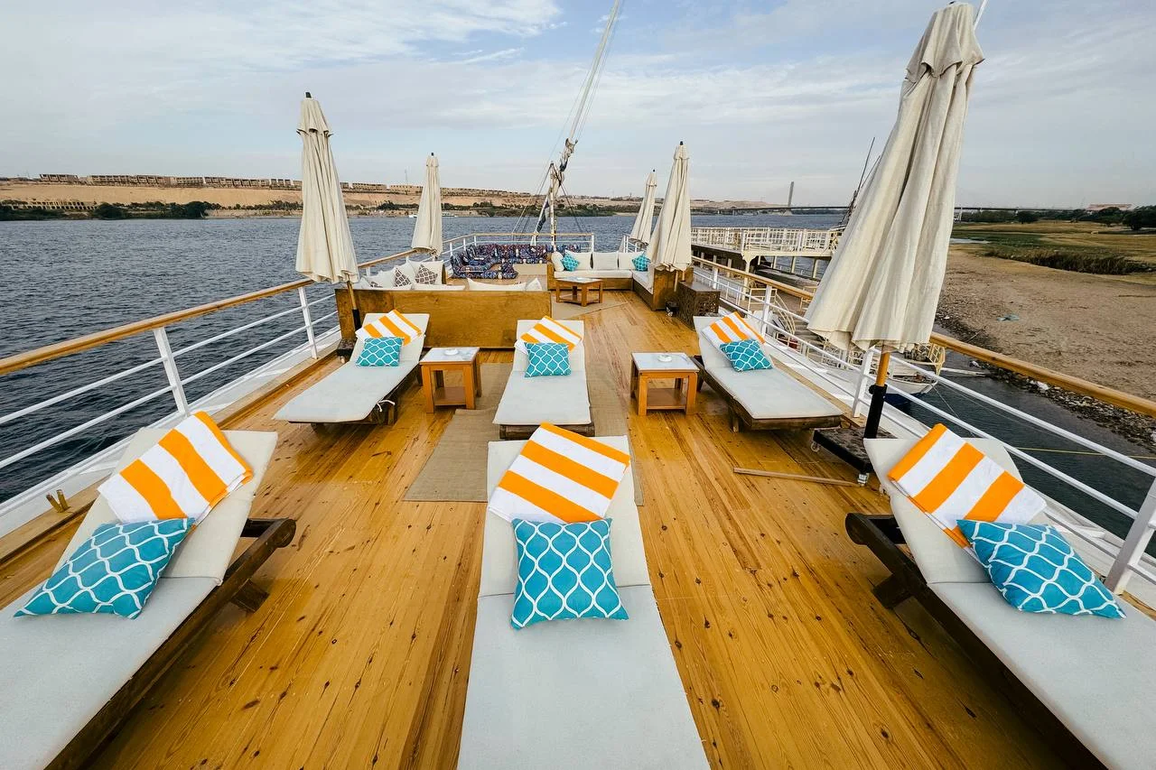 Impeccably arranged sun deck on Soul of the Nile Dahabiya, showcasing the crew's attention to detail and personalized service